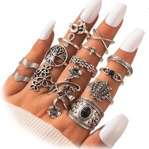 14PC Set Silver Boho Black Stone Knuckle Finger Rings SET - BRAND NEW